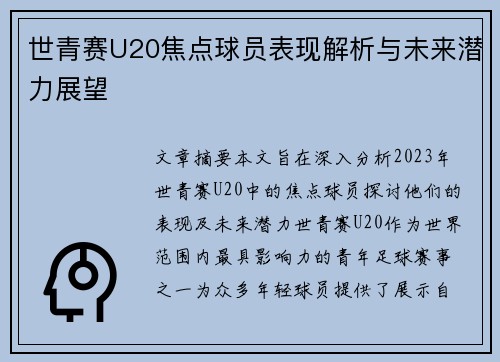 世青赛U20焦点球员表现解析与未来潜力展望