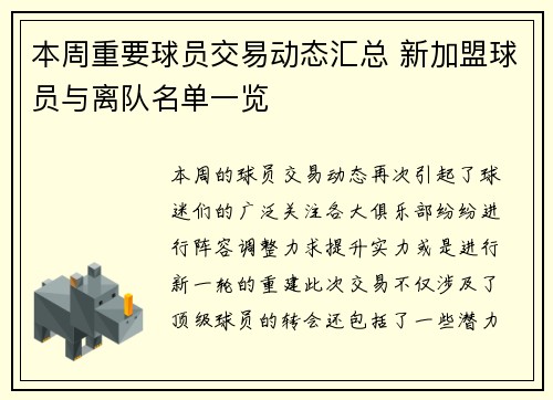 本周重要球员交易动态汇总 新加盟球员与离队名单一览