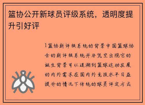 篮协公开新球员评级系统，透明度提升引好评